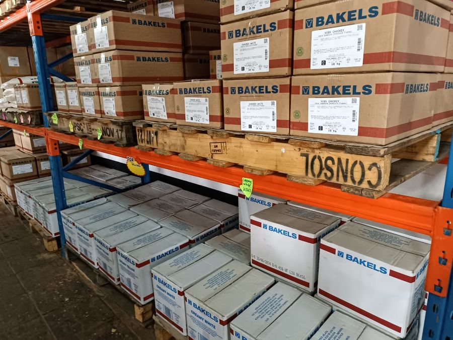 Bakels bakery ingredients stacked in the Artion warehouse